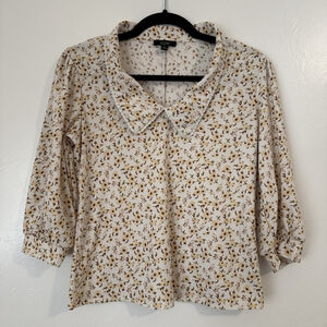 A.U.W. Secret Charm Collared 3/4 Sleeve Top Small Cream & Yellow Floral Print